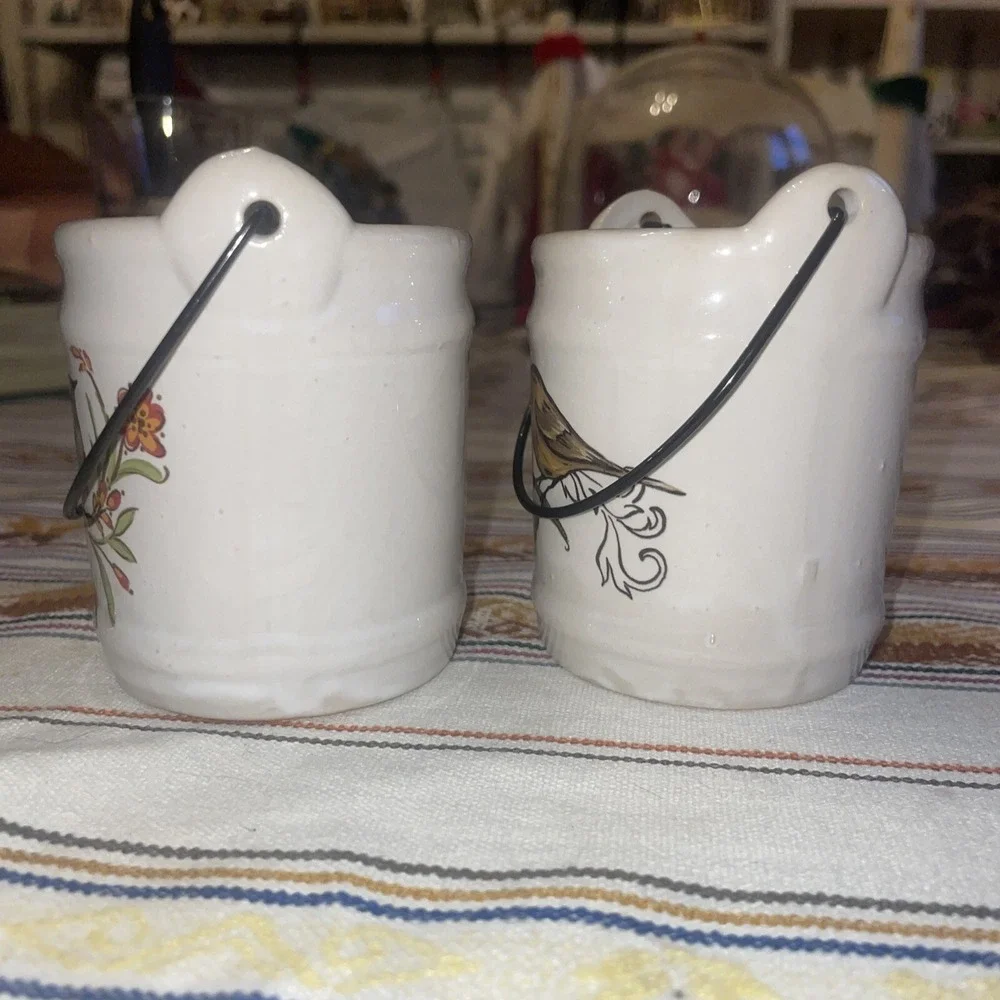 Pair Of Ceramic Pails/buckets With Metal Handles Birds On Branches, Candle Holde